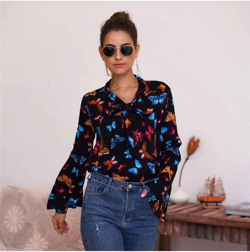 Boho Holiday Women Tops Shirt Elegant Long Sleeve Floral Shirt Ladies Long Sleeve V Neck Loose T shirt Streetwear