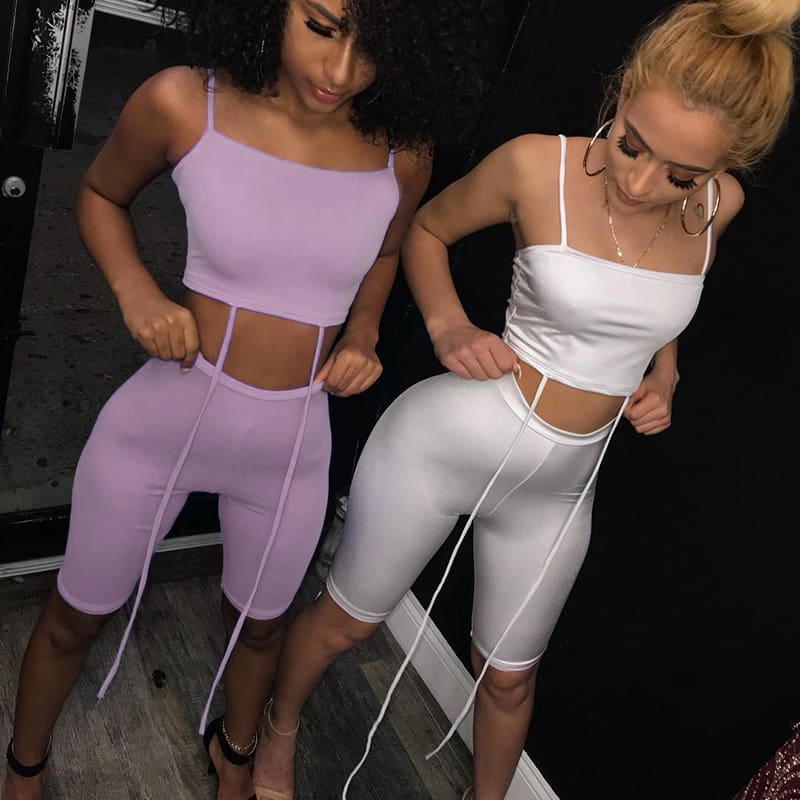 Women Crop Tanks Tops Short Trousers Two-piece Set Skinny Casual Ladies Summer Fashion Beach Sport Suit