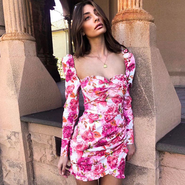 Fashion Women Retro Tunic Long Sleeve Floral Print Bodycon Dresses Summer Beach Sexy Ladies Vintage Dress