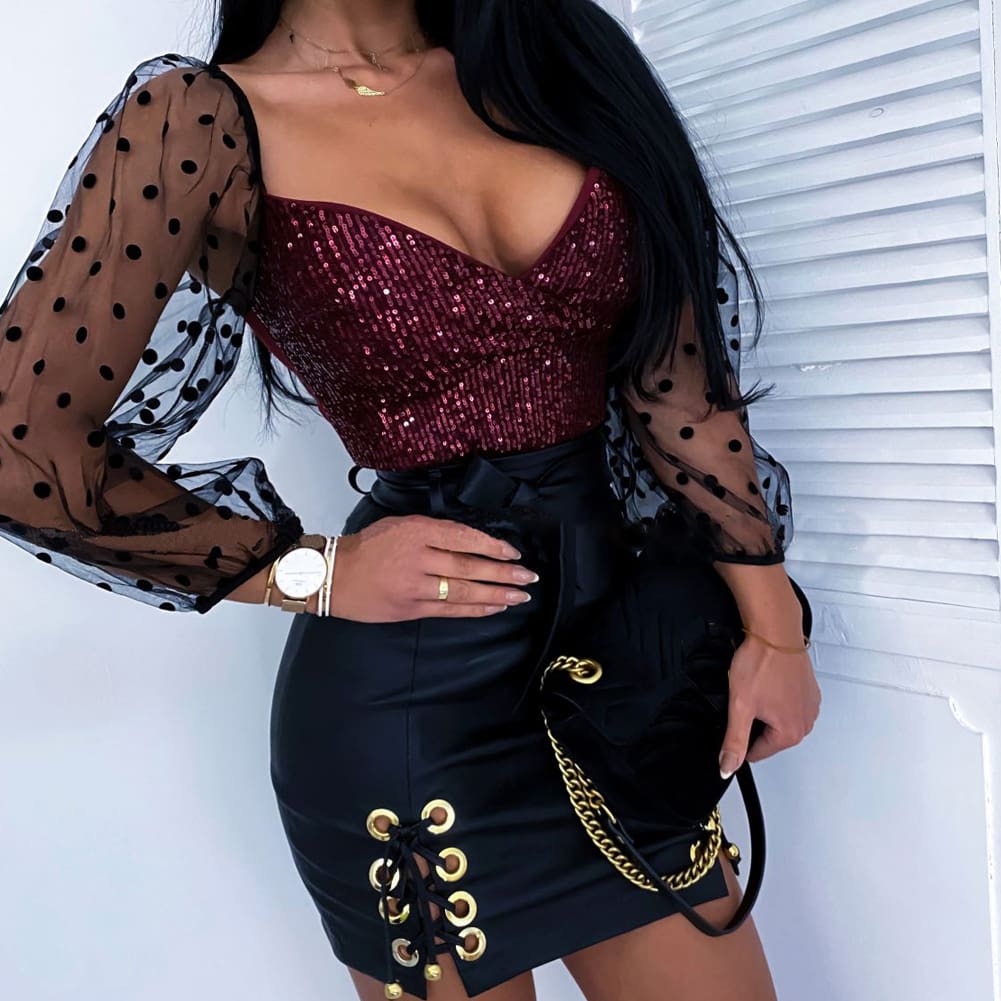 Women Glitter Deep V Neck Mesh Sheer Puff Long Sleeve Crop Top Sexy Ladies Sequins Shirt Top Blouse Clubwear