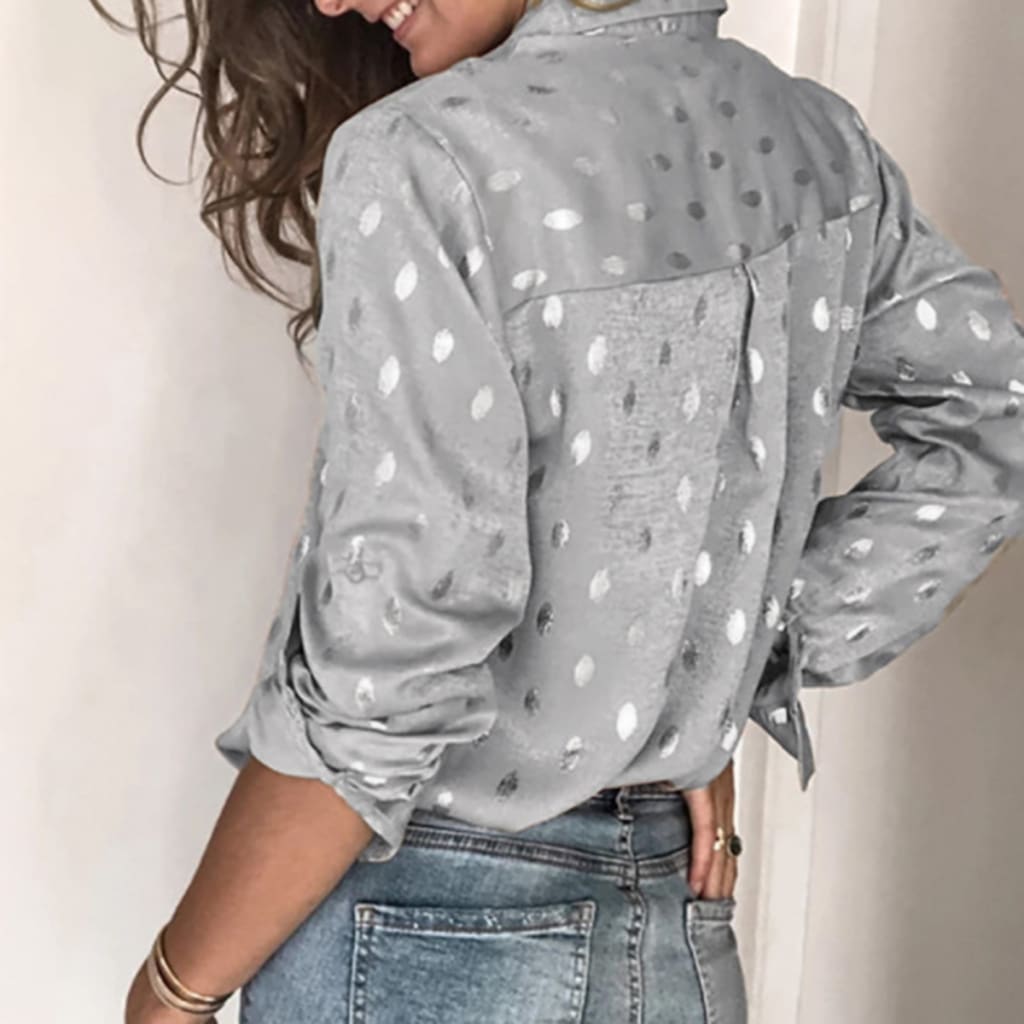 Women Button Polka Dot V Neck Blouse Long Sleeve Tops