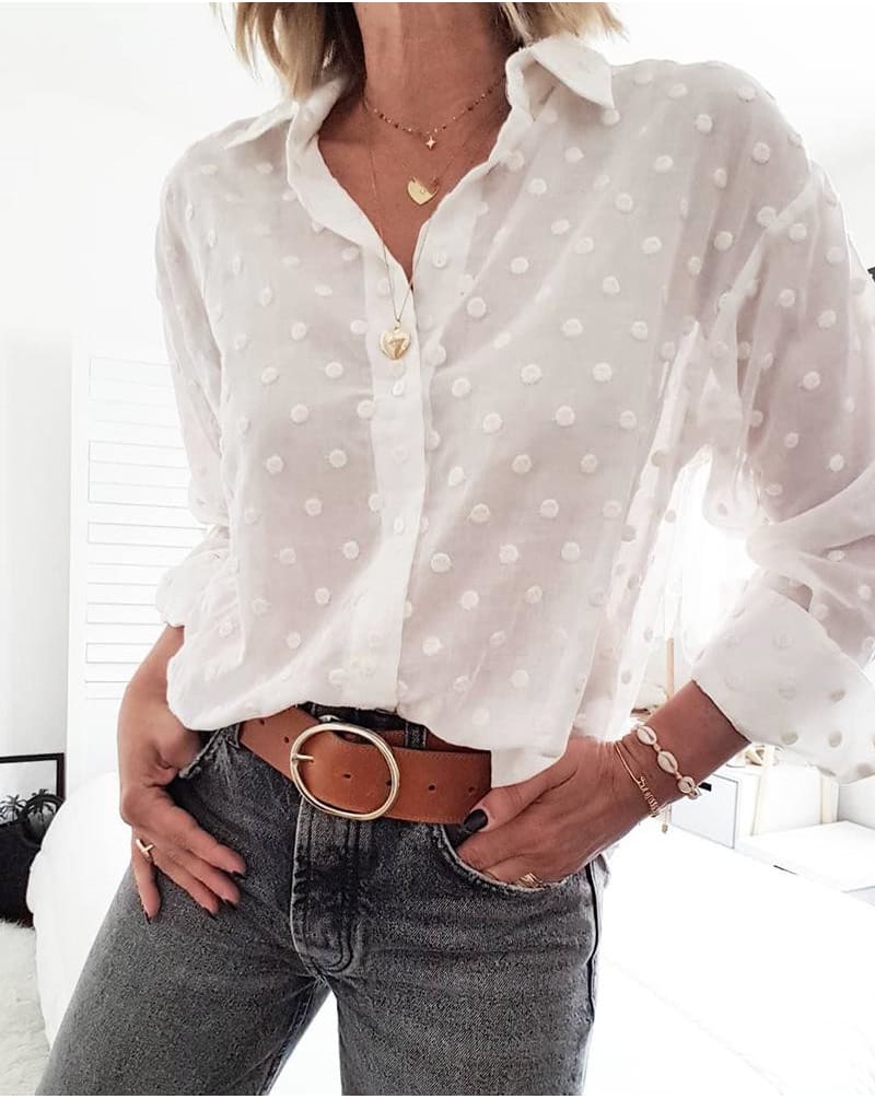 New Fashion Womens Blouse Top Elegant Long Sleeve White OL Shirt Ladies Polka Dot Casual Work Shirts Outwear