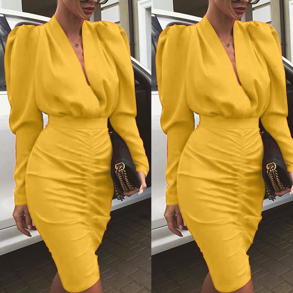 Elegant Womens Long Sleeve V Neck Bodycon Dress OL Ladies Evening Party Office Workout Mini Dress