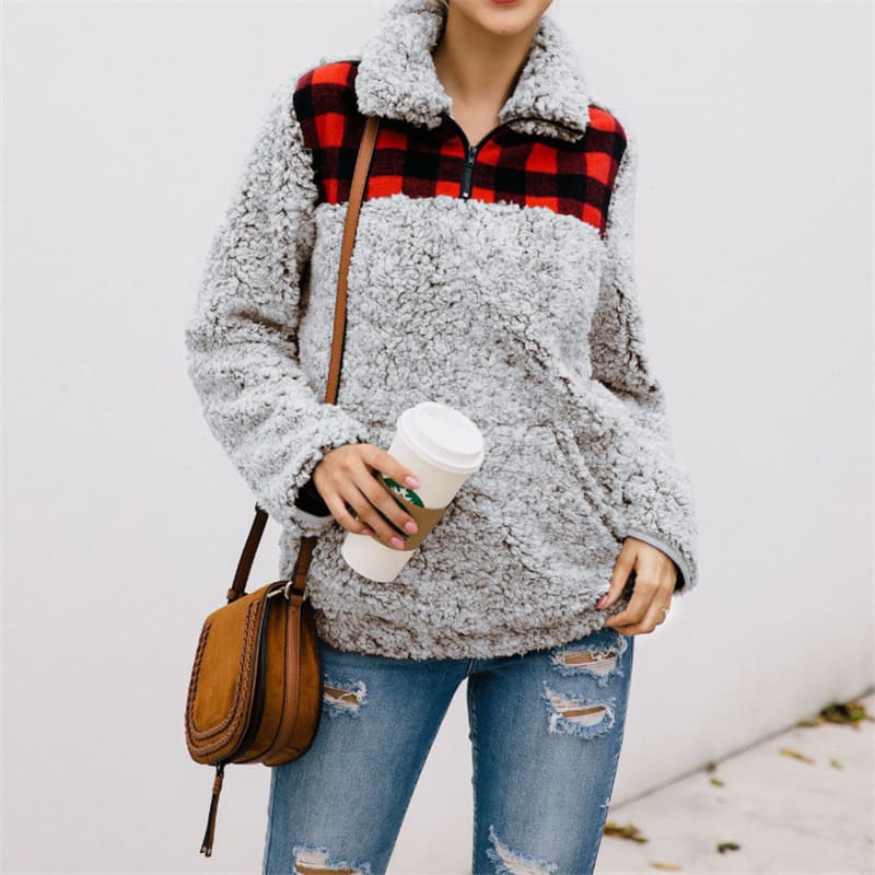 Women Fleece Outerwear Fashion Plaid Patchwork Fluffy Thick Sweaters Warm Zipper Pullovers Women Winter Coat Sherpa Tops