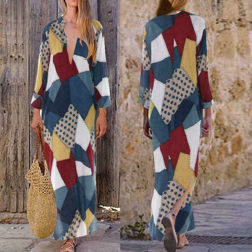 2019 New Women Boho Baggy Gypsy Kaftan Dress Holiday Loose Long Maxi Fashion Ladies V neck Beach Dress Sundress