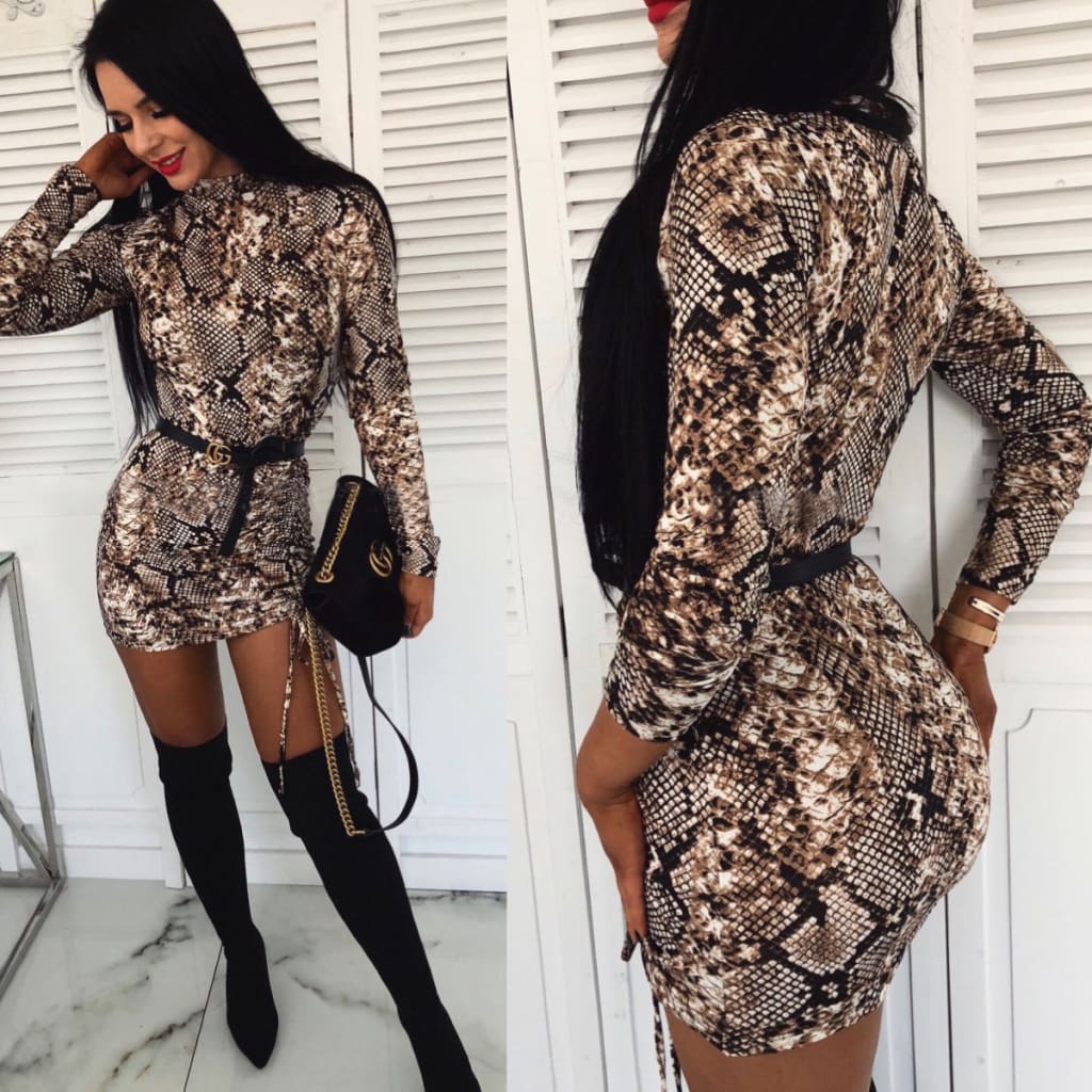 Fashion Women Long Sleeve Snake Print Bodycon Dress Sexy Ladies Long Sleeve Clubwear Slim Fit Short Mini Dress