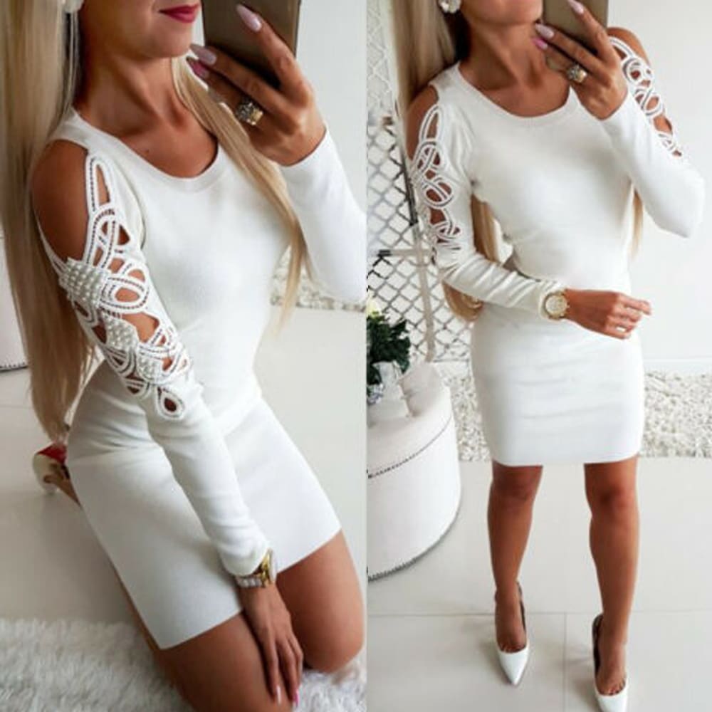 Fashion Womens Lace Knitted Sweater Jumper Dress Long Sweater Ladies Sexy Beaded Bodycon Casual Mini Dress