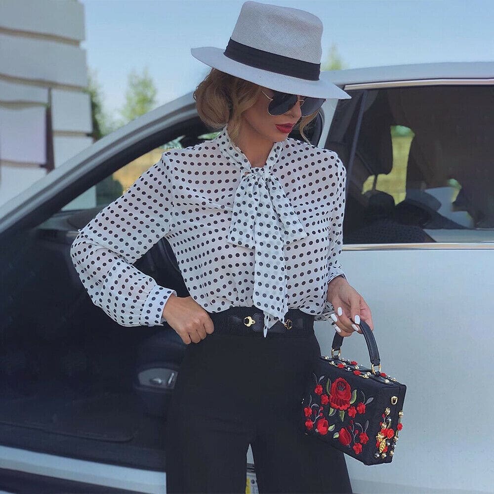 Elegant Women Lady Formal Long Sleeve Shirt Chiffon Blouse Tie Polka Dot Tops Casual Office Work Tee Shirt