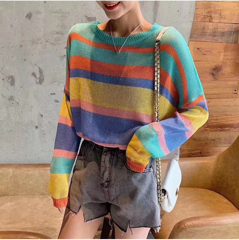 Fashion Women Summer Autumn Top Long Sleeve Loose Rainbow Stripe Sweater Elegant Ladies Casual Pullover Streetwear