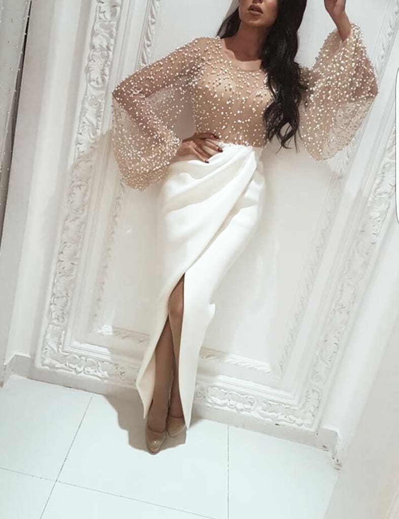 Women Beaded Patchwork Slit Long Puff Sleeve Formal Gown Wedding Bridesmaid Evening Party Bodycon Prom Cocktail Dress