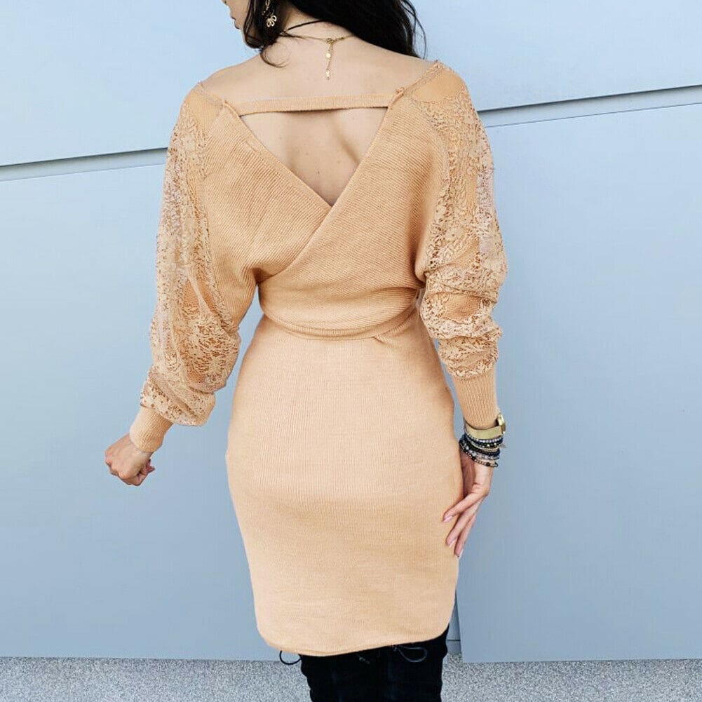 Women Elegant Knitted Pencil Dress New Woolen Split Dress Lace Long Sleeve V Neck Party Clubwear Belt Autumn Winter Lady