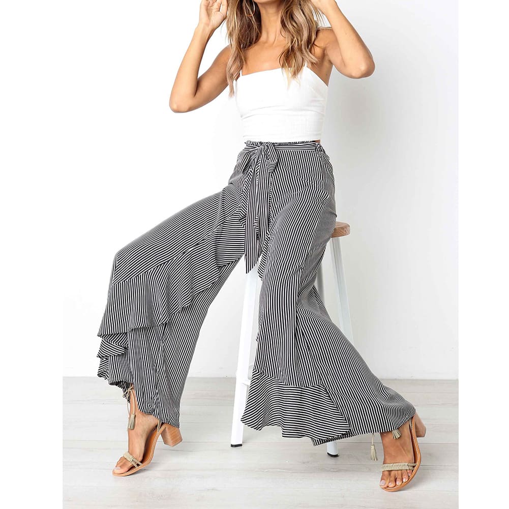 New Women Striped Baggy Harem Pants Hippie Wide Leg Gypsy Boho Long Palazzo Bow Tie High Wais Ruffle Loose Trouser