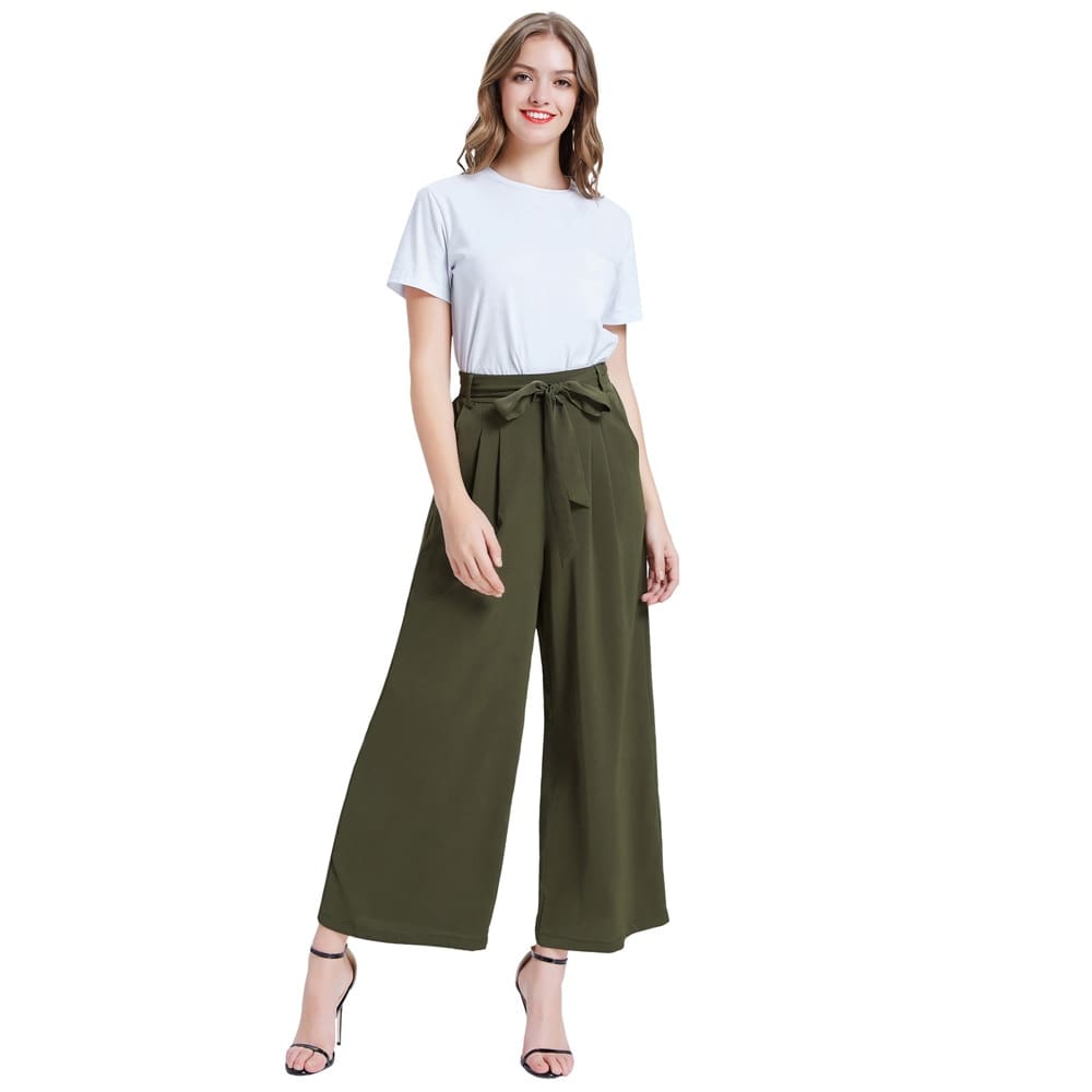 Women Elastic High Waist Casual Belt Trousers Straight Leg Long Pants