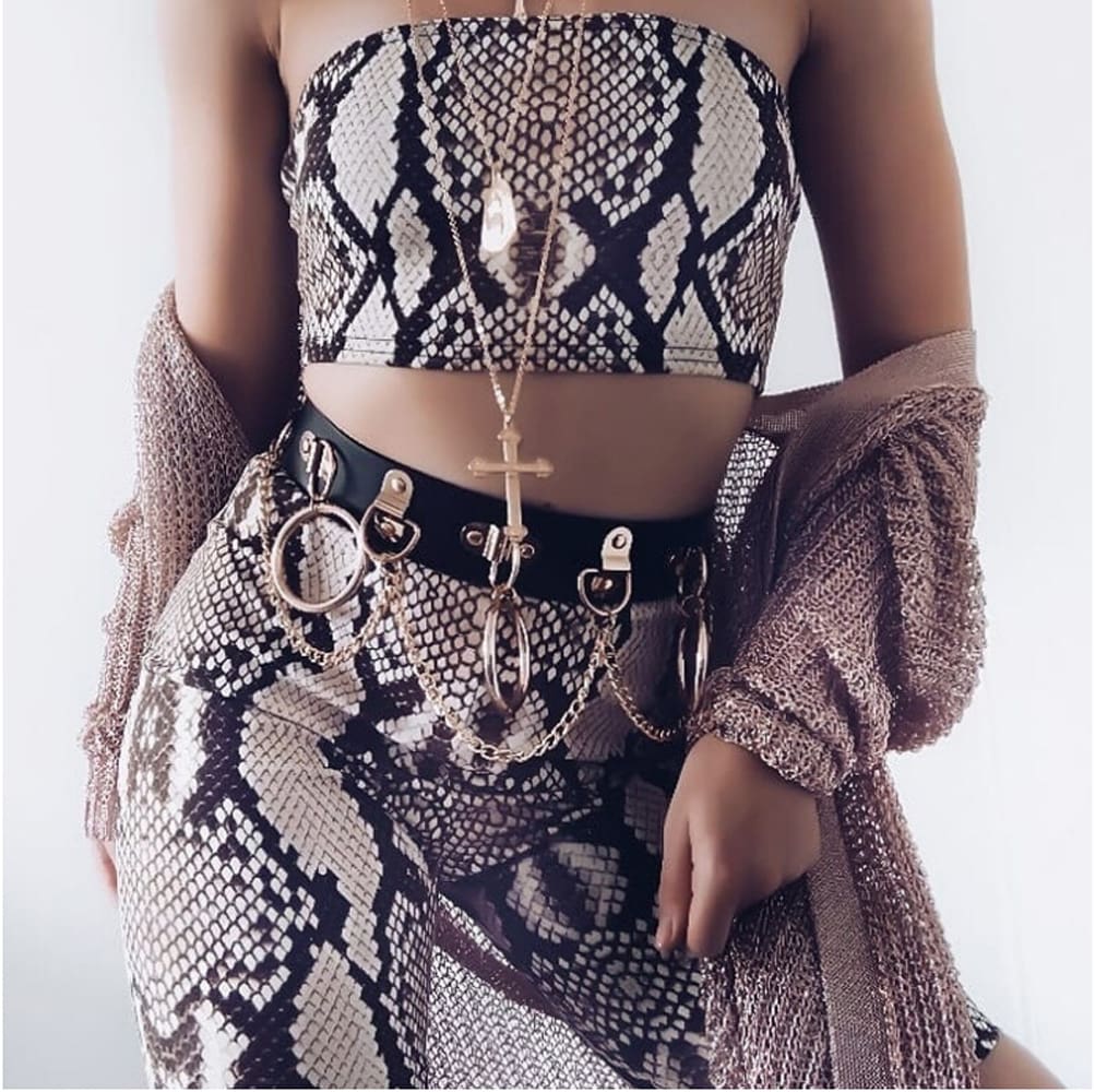 Snake Skin Print Two Piece Set Womens Shinny Tube Top Shorts