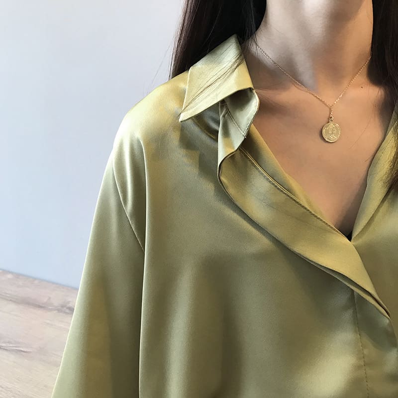 Fashion Women Fashion Long Sleeves Satin Blouse Top Casual Female Lapel Street Shirts Elegant Imitation Silk Blouse