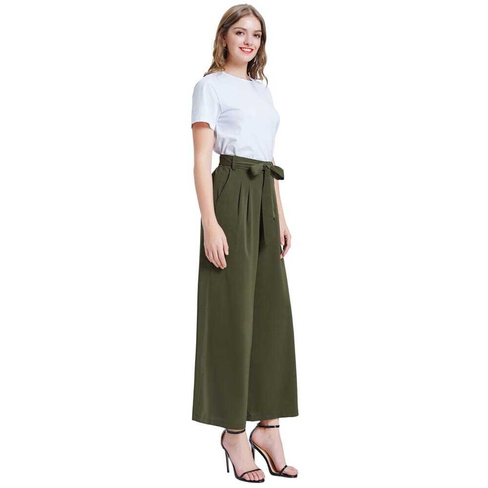 Women Elastic High Waist Casual Belt Trousers Straight Leg Long Pants