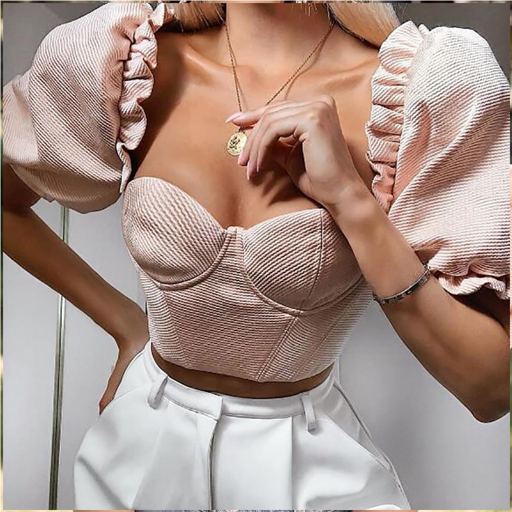 Women Ruffles Square Collar Crop Top Women Blouses Summer Vintage Half Puff Sleeve Ladies Tops Shirts