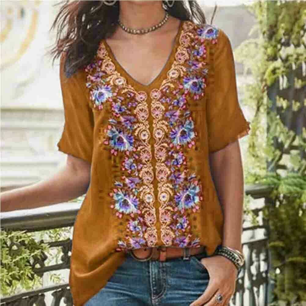 2019 Fashion Womens Summer Boho Floral Tunic Top V Neck Plus Size Ladies Casual Loose Tops T-Shirt Streetwear