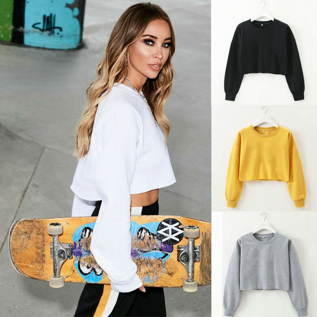 Fashion Women Casual Long Sleeve Solid Sweatshirt Jumper Summer Autumn Holiday Casual Sportwear Crop Top Loose Pullover Coat