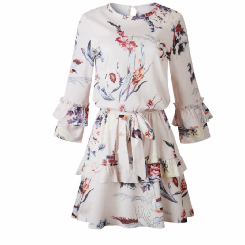 Women Autumn Spring Elegant Vintage Floral Ruffles Mini Dress Chsinese Printed Casual Dress