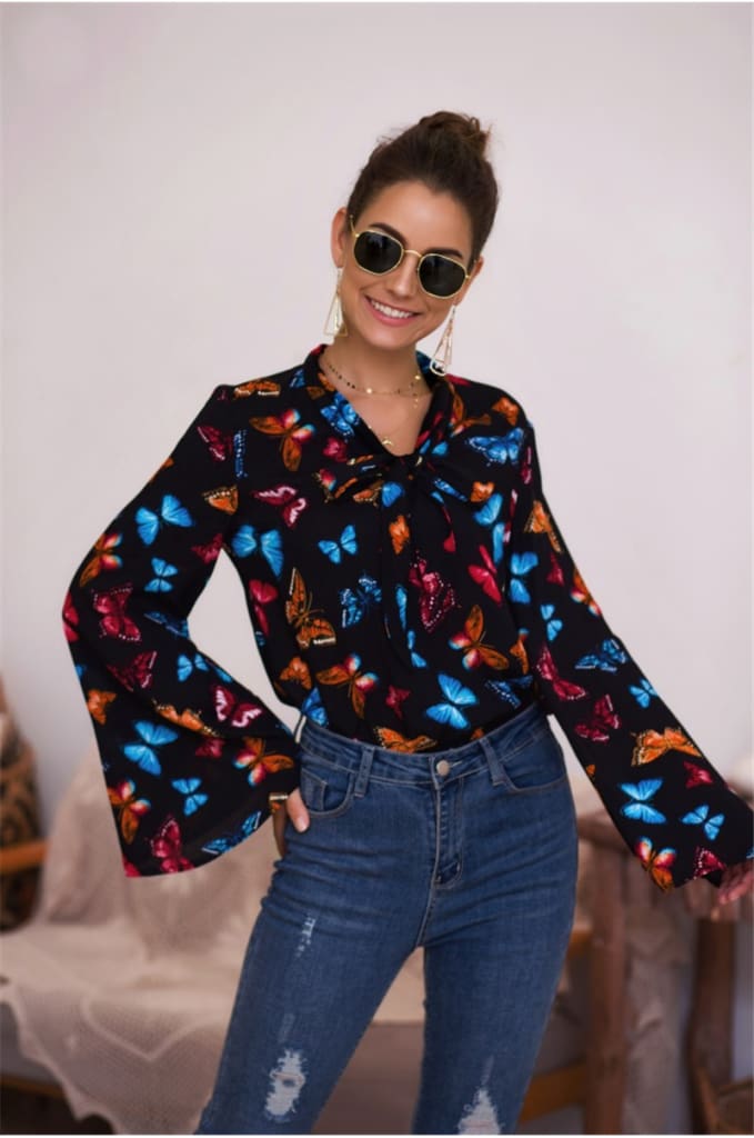 Boho Holiday Women Tops Shirt Elegant Long Sleeve Floral Shirt Ladies Long Sleeve V Neck Loose T shirt Streetwear