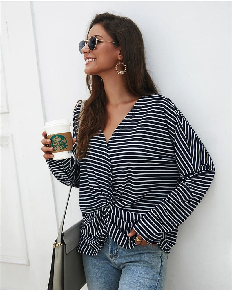 Fashion Women Autumn Casual Top Long Sleeve T shirt V Neck crisscross Tee Shirt Femme Elegant Stripe Dames tshirt Streetwear