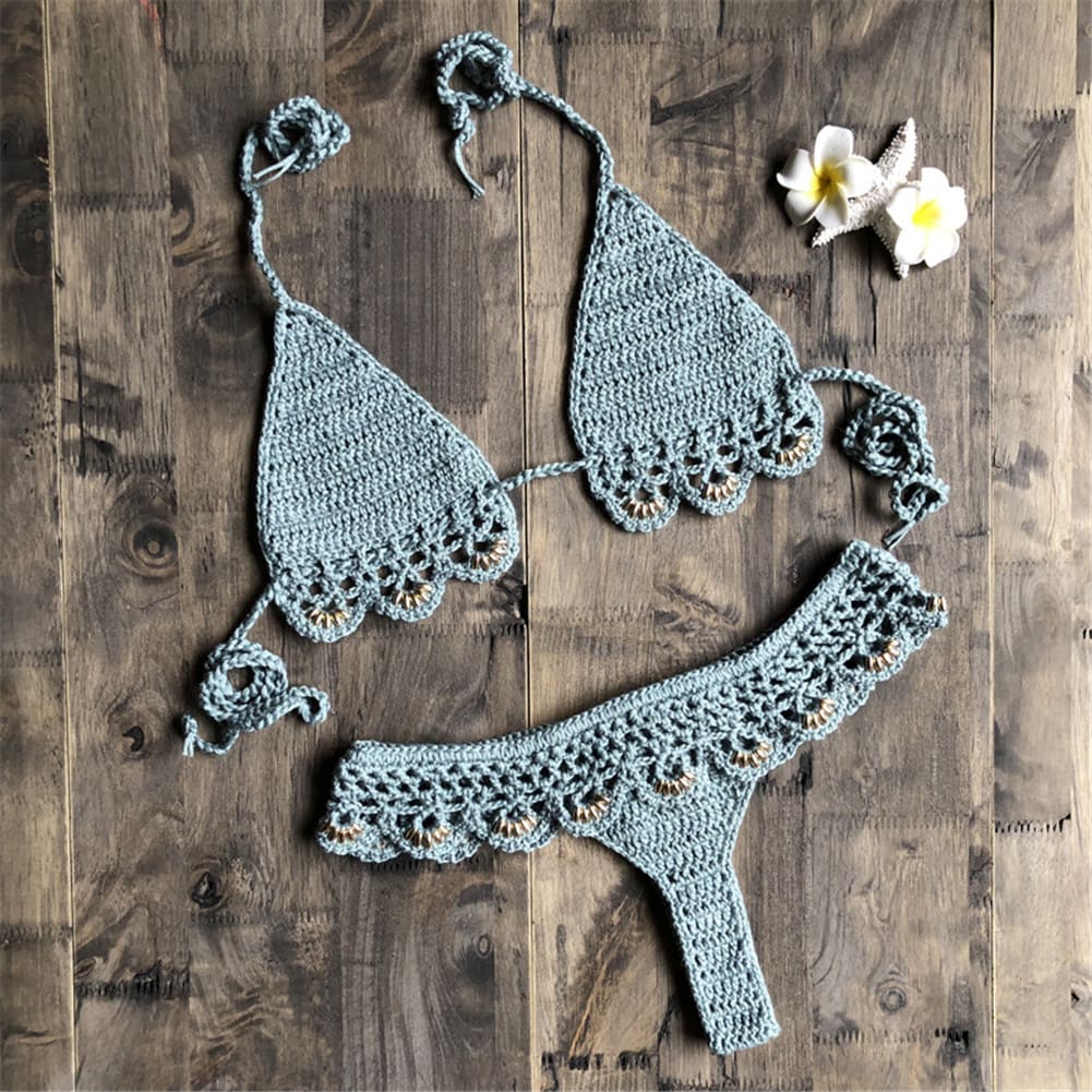 Two Pieces Womens Ruffles Swimwear Bandage Knitted Bra Thong Bikini Set Push-up Unpadded Bathing Suits Swimsuit Beachwear