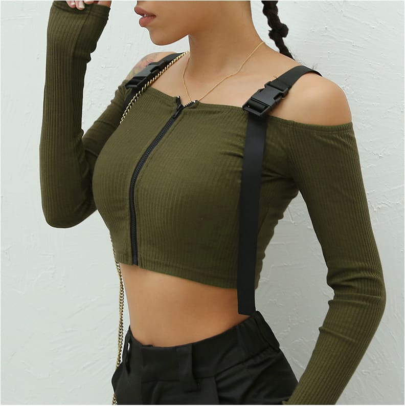 Women Punk Crop Tops Button Zipper Long Sleeve Off Shoulder High Street Thin Top Plus Size