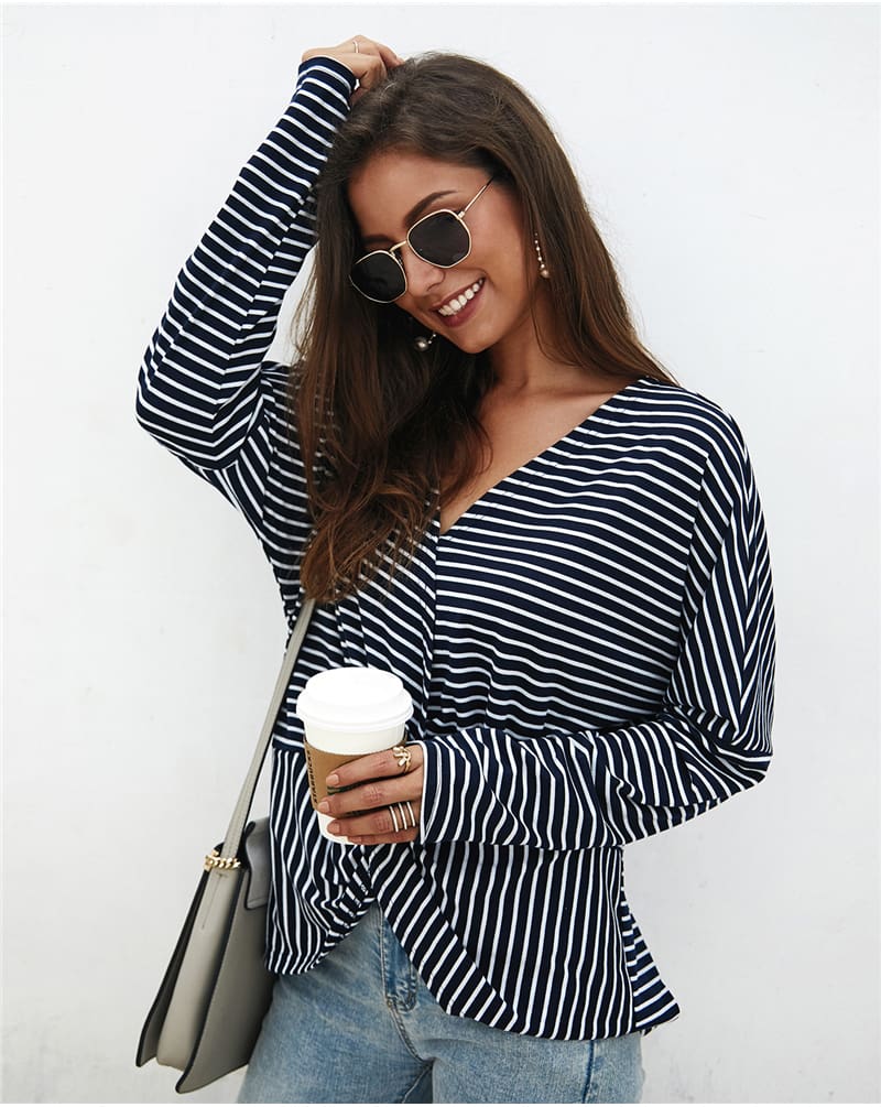 Fashion Women Autumn Casual Top Long Sleeve T shirt V Neck crisscross Tee Shirt Femme Elegant Stripe Dames tshirt Streetwear