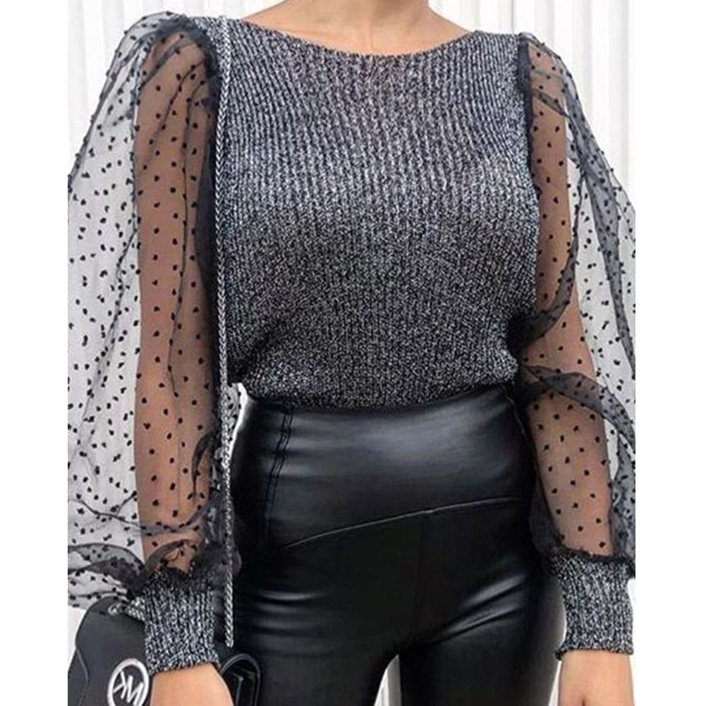 Women Mesh Long Sleeve Knitwear See-through Puff Sleeve Autumn Winter Lady Casual Knitted Tops Jumper Blouse Shirt