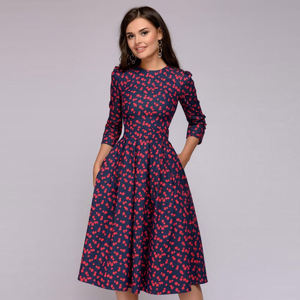 Vintage pleated tunic print dress women Elegant ladies A line dresses Long sleeve female autumn mixi party dress vestidos