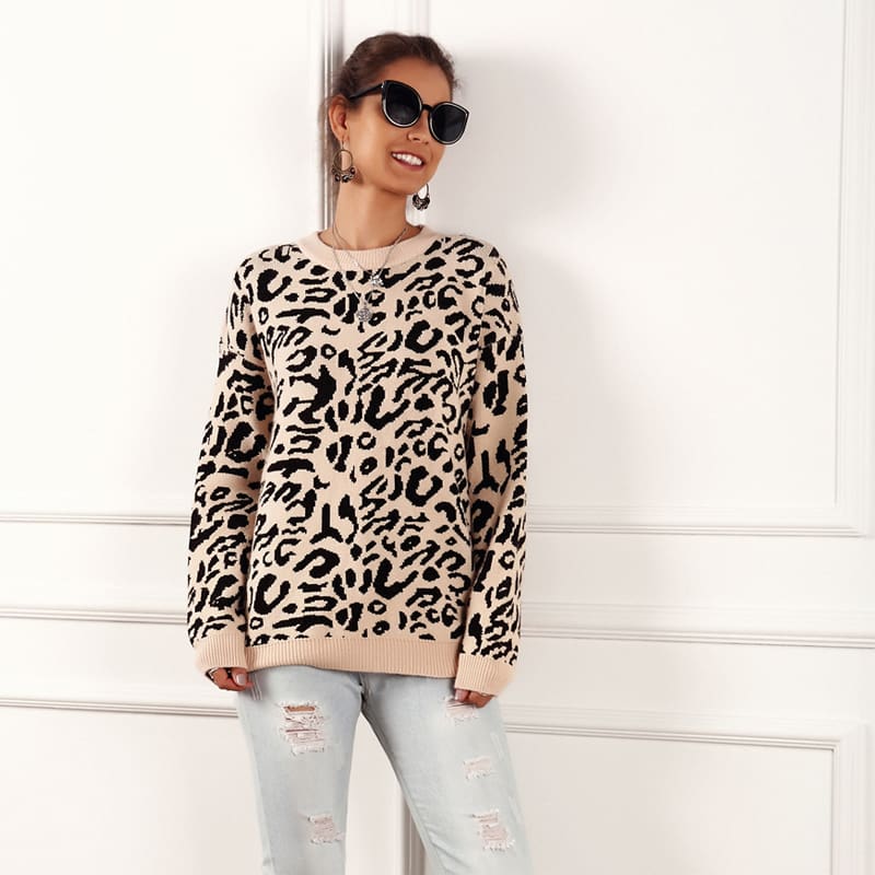 Womens Autumn Winter Sweater Long Sleeve Leopard Print Ladies Girl Knitted Jumper Pullover Tops Sweaters Streetwear