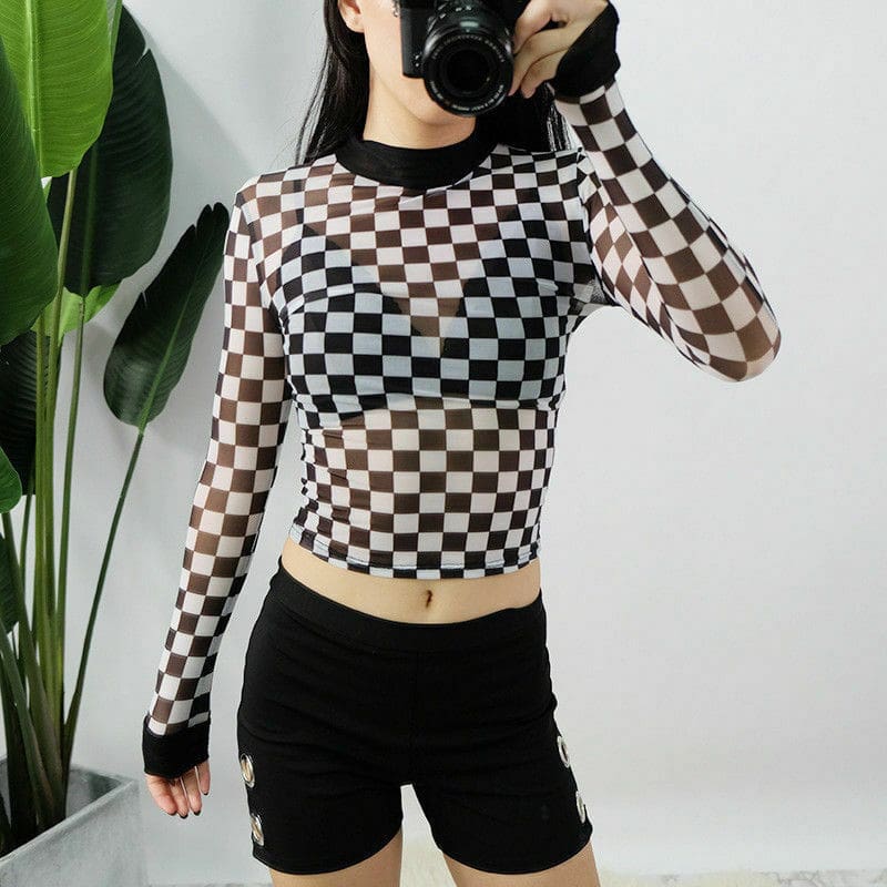 Summer Women Crop Top Clubwear Fashion Plaid Casual Long Sleeve See-Through T-Shirt Beach Holiday Slim Fit Tees