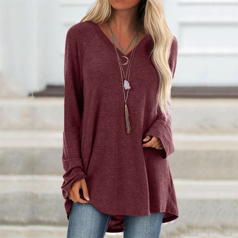 Autumn Women Ladies Tee Shirt Loose Blouse V-neck Shirt Long Sleeve Casual Jumper Pullover Tops Plus Size L-5XL