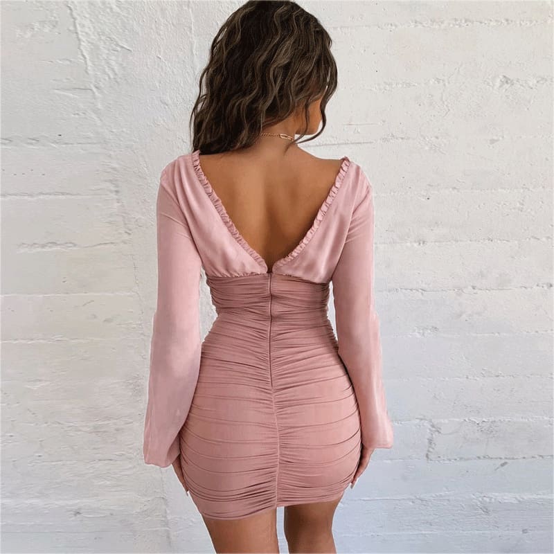 Women Mesh Sheer Long Sleeve Bandage Bodycon Evening Party Club Mini Dress Ladies Deep V Neck Backless Dress