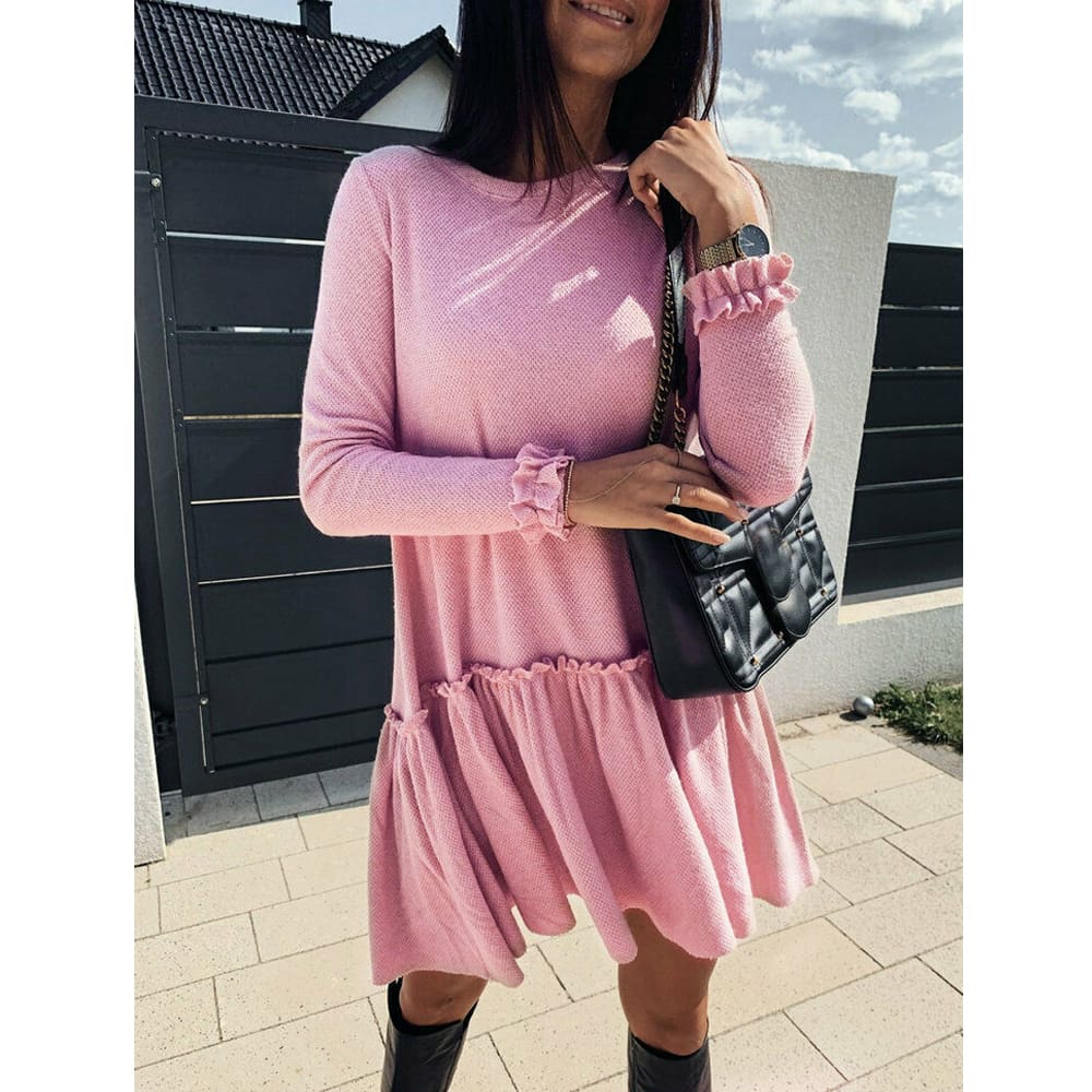 Women O Neck Ruffle Sweater Dress Jumper Autumn Baggy Long Sleeve Tops Pullover Casual Long Midi Dress