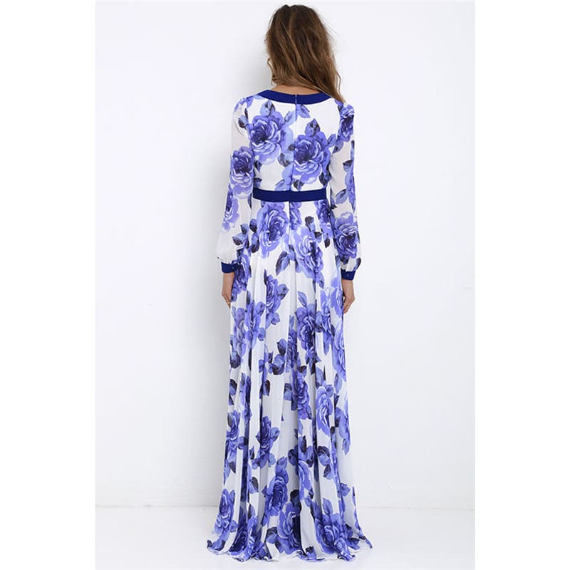 Women Ladies Long Sleeve Maxi Dress Casual Deep V-neck Floral Printed Slim Elegant Long Maxi Dress