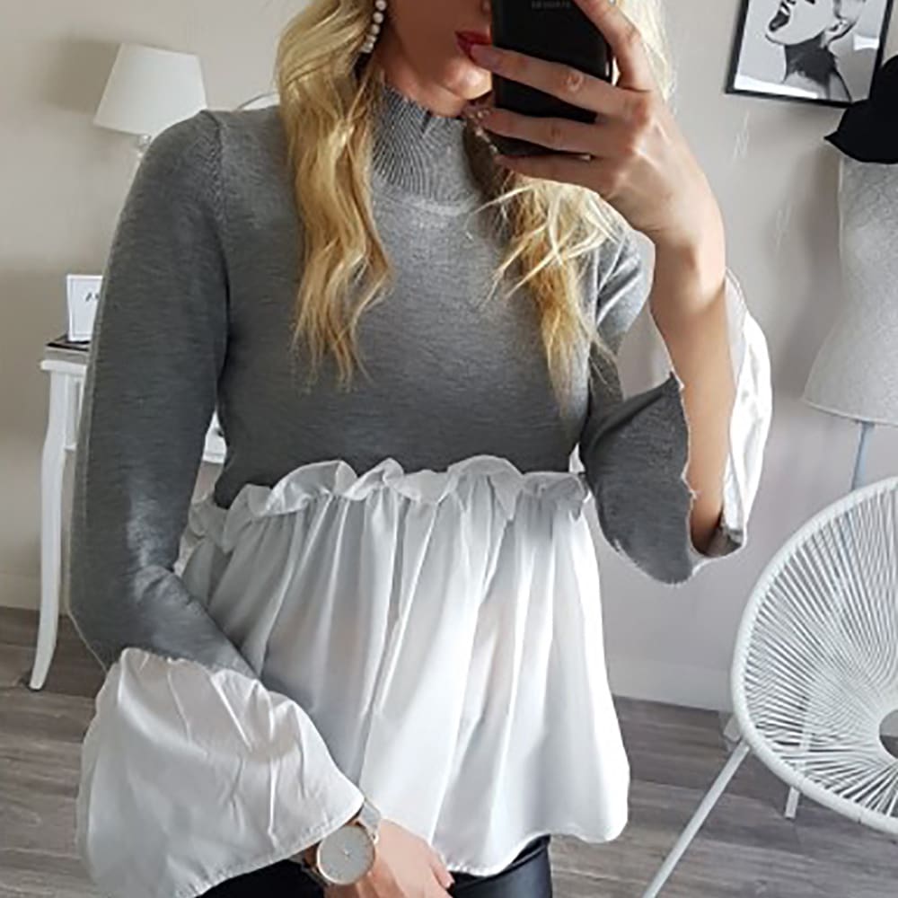 Fashion Women Crew Neck Long Sleeve Tops Autumn Ladies Casual Ruffle Hem T Shirt Pullover Tops weater Jumper