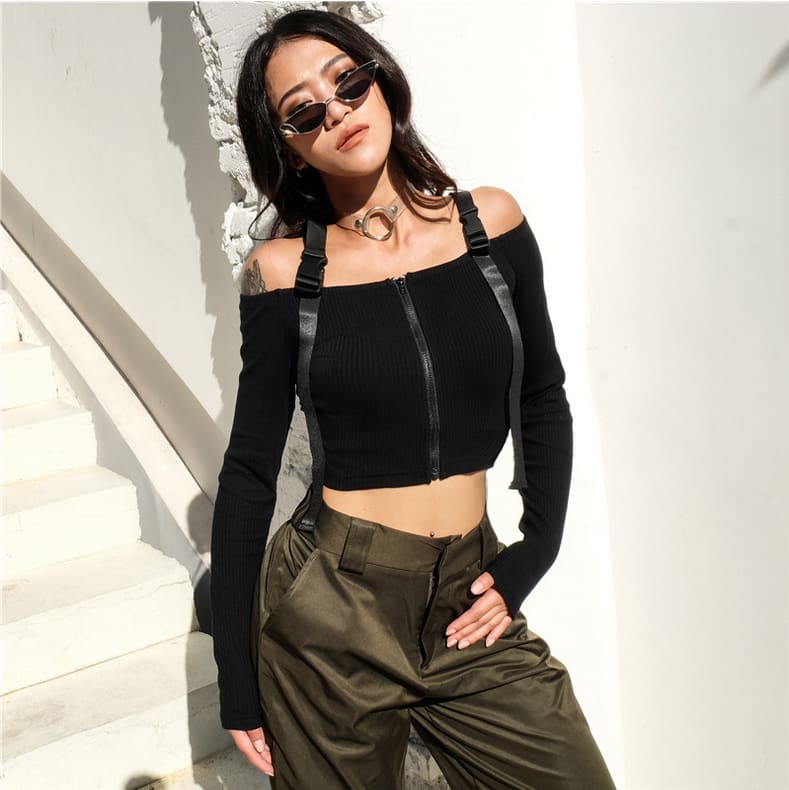 Women Punk Crop Tops Button Zipper Long Sleeve Off Shoulder High Street Thin Top Plus Size