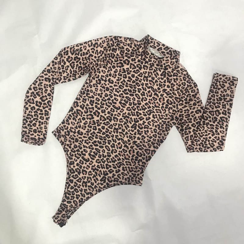 Women Casual Leopard Bodysuit Sexy Ladies High Neck Long Sleeve Leotard Slim Jumpsuit Romper Tops Overalls for Women