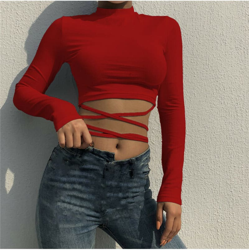 Women Bandage Tight Crop Tops Long Sleeve Bodycon Long Sleeve T shirt Ladies Plain Tee shirt Femme Party Club Tshirt