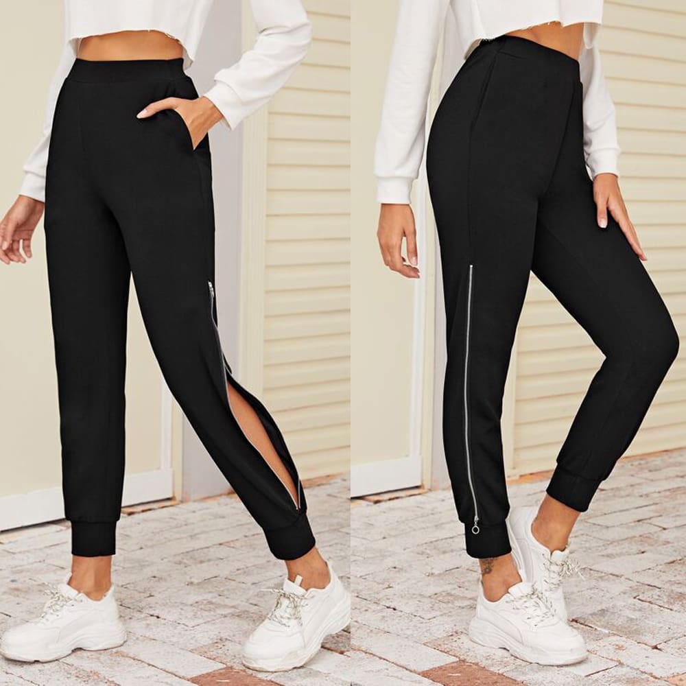 2019 New Women Black Zipper Hem Elastic Waist Jogger Pants with Pocket Sports Gym Long Sweatpants Workout Trousers