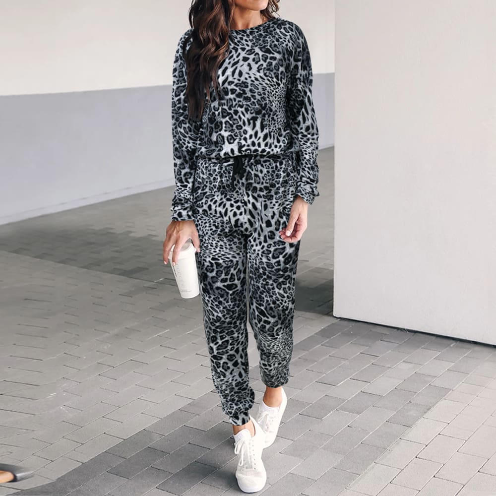 Two piece set Women Fashion Leopard Round Neck Long Sleeve Tops Shirt Wide Leg Pants Casual Sports Suit Streetwear