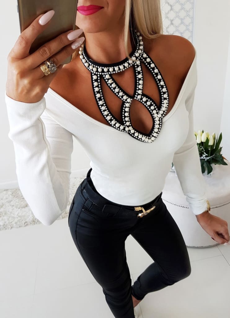 Fashion Women Sexy Hollow Solid Off Shoulder Long Sleeve Slim Fit Casual Blouse Top Shirt Autumn Clothes