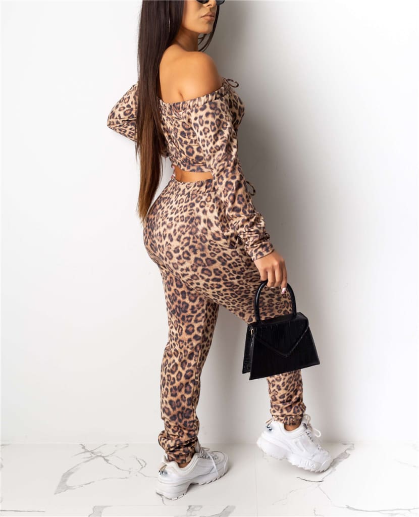 Autumn Women Leopard Tracksuit Casual Off Shoulder Long Sleeve CropTops and Long Pants Fitness Outfit Sportwear