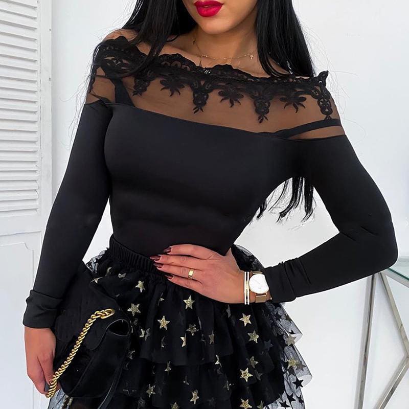 Women Mesh Sheer See-through Patchwork Tee Shirt Tops Long Sleeve Lace Off Shoulder Slim Fit Blouse