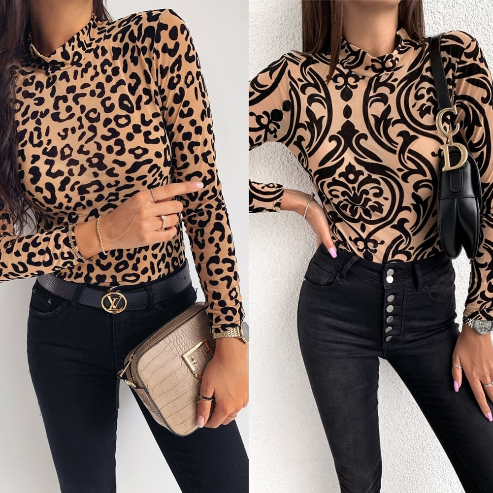 Women Leopard Print Turtleneck Tops Autumn Long Sleeve Slim Basic Ladies T Shirt Party Fashion Korean Tops Female New