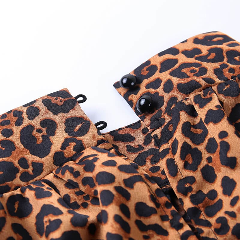 Womens Leopard Long Sleeve Tops Shirt High Neck Slim Blouse Crop Tops