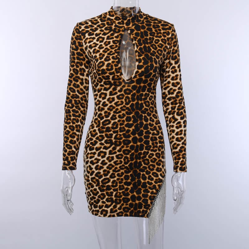 Women Long Sleeve Turtleneck Leopard Dress Diamond Tassel Evening Party Bodycon Dress