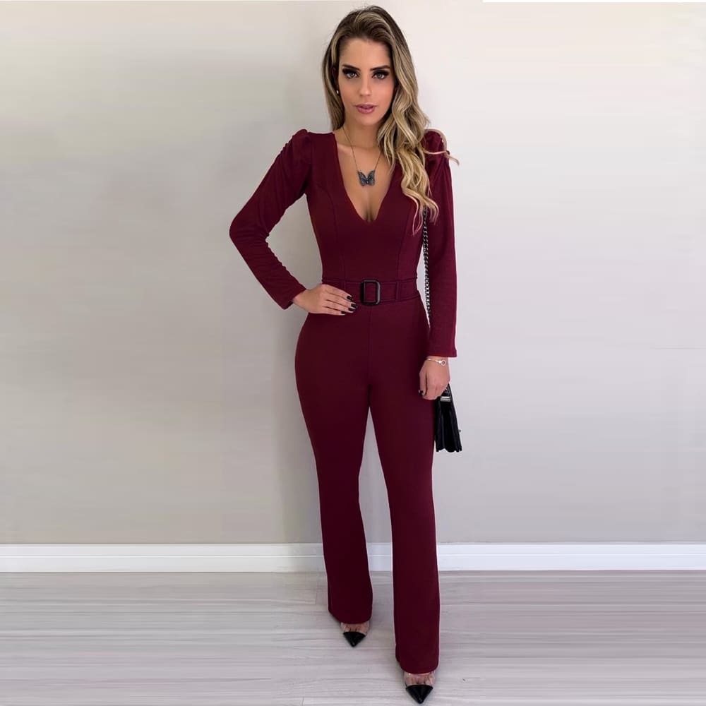 New Hot Women V Neck Bodycon Jumpsuit Loose Wide Leg Pants Suit Playsuit Autumn Casual OL Ladies Workout Jumpsuit Clothes